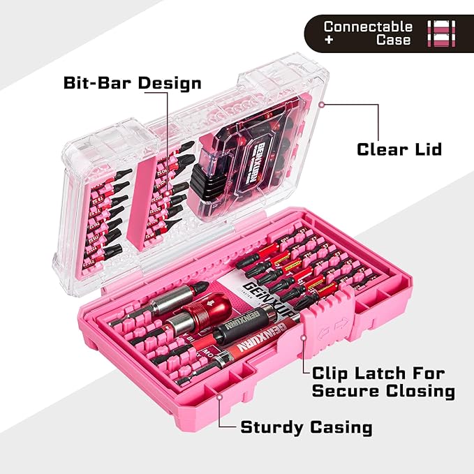 56Pieces Impact Screwdriver Bits Set, Magnetic S2 Steel Phillips/Slotted/Square/Torx Insert Power Bits Tips, Impact Bit Holder with Pink Storage Box Case