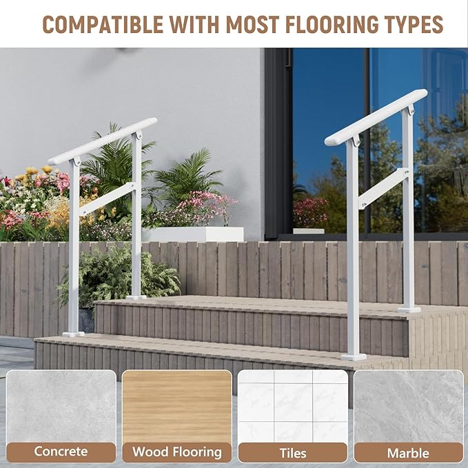 Hand Rails for Outdoor Steps,1-2 Step Railing for Stairs,Adjustable Porch Railing,Hand Rails for Seniors,Outdoor Deck Handrails for Exterior Steps,White