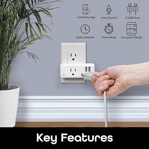 Geeni Switch + Charge Multi Port Smart Wi-Fi Plug with 2 USB Ports, Energy Saving Outlet with App Control, Compatible with Alexa and Google Home