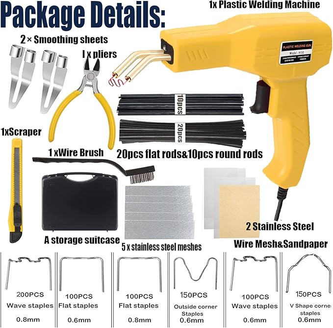 Upgraded 220w Plastic Welder Bumper Repair Kit,2-in-1 Plastic Welding Kit 800PCS Hot Staples & 30pcs Plastic Welding Rods,Hot Stapler Plastic Repair Kit for Car Bumper Kayak Crack Repairs(yellow)