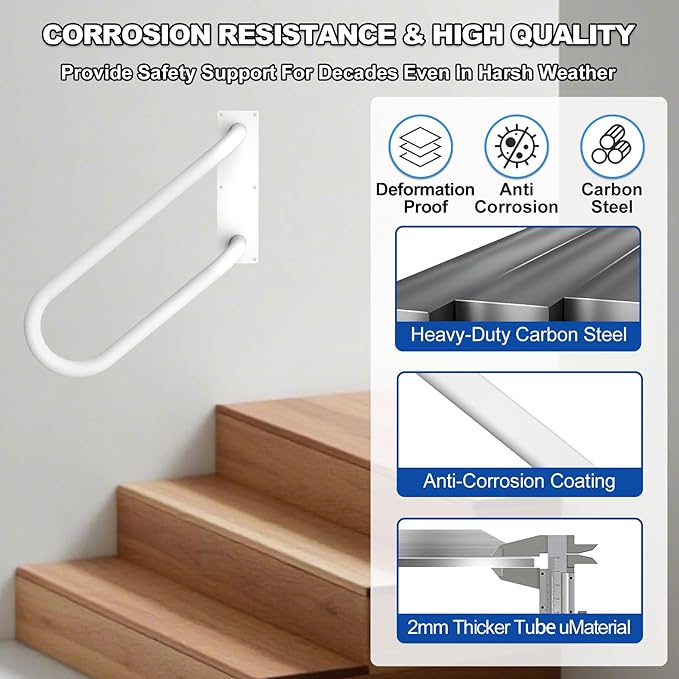 Jamb Mount Handrails for Outdoor Steps-1-2 Step Waterproof Stairs Railing-Powder Coated Side Mount Hand Rails for Indoor Stairs-Non-Slip Staircase Grab Rail for Deck/Porch/Mobile Home/Short Stairway