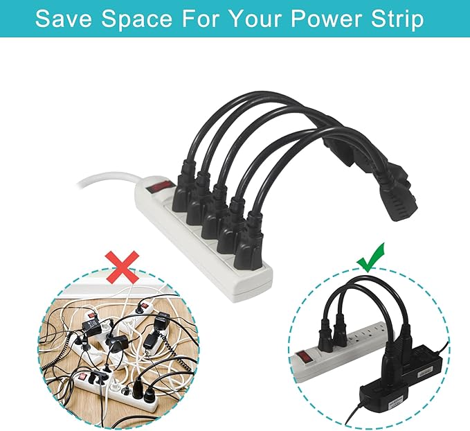 1FT Short Power Extension Cord 1FT - Short 3 Prong Extension Cord Outlet Saver Indoor SJT 16 AWG Heavy Duty 1 Foot AC Power Extensions Cable with NEMA 5-15P to NEMA 5-15R Connector (3PACK)