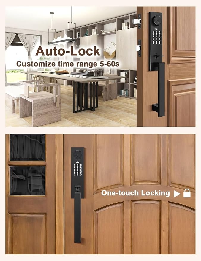 Smart Entry Door Lock Set, Electronic Full Escutcheon Door Handle, Digital Keypad Deadbolt with App, Heavy Duty Black Front Door Handle with Single Cylinder Deadbolt, Auto Locking