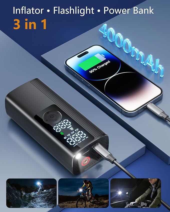 Tire Inflator Portable Air Compressor, 3X Faster Inflation Cordless Air Pump for Car Tires with Digital Pressure Gauge/LED Light, 150PSI Tire Pump with Auto Shut-Off for Car, Motorcycle, Bicycle, Ball