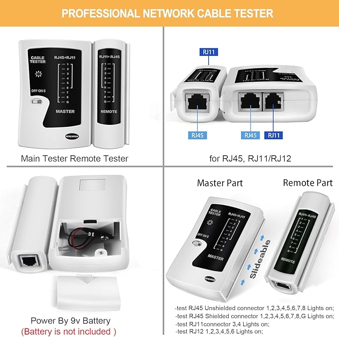 PETECHTOOL RJ45 Crimp Tool Pass Through Cat7 Cat6 Cat5 Crimping Tool with 50-Pack Cat6 RJ45 Pass Through Connector, 50-Pack RJ45 Boots, Network Cable Tester, Wire Cutter and mini Wire Stripper