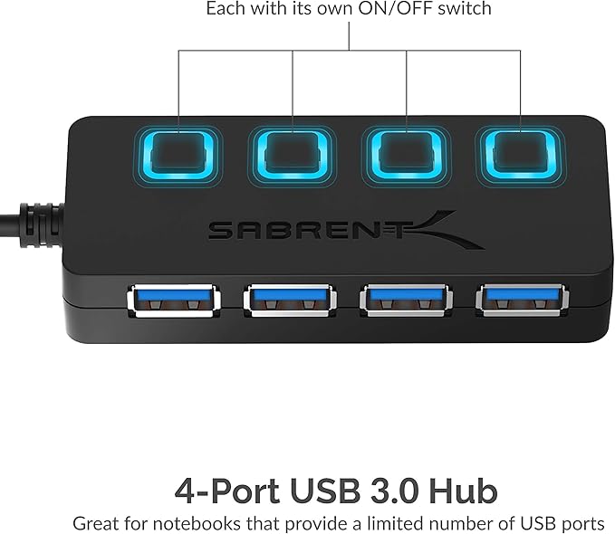 SABRENT 4-Port USB 3.0 Hub with Individual LED Power Switches - Slim, Portable Design - 2 Ft Cable - Fast Data Transfer - Compatible with Mac & PC (HB-UM43)
