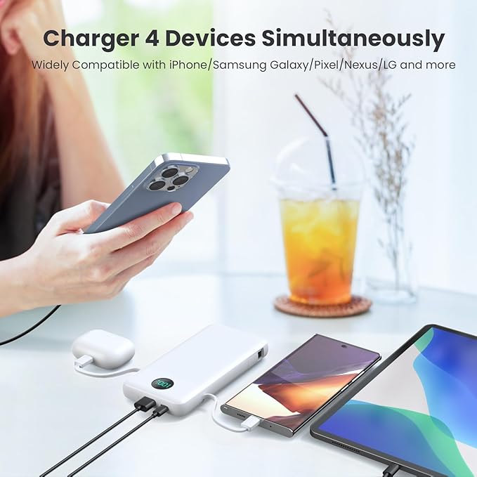 Portable Charger with Built-in Cables and AC Wall Plug 13800mAh,LCD Display Slim PD Fast USB C Power Bank,4 Outputs Travel Essentials Battery Pack Compatible with iPhone,Samsung,All Smart Phones-White