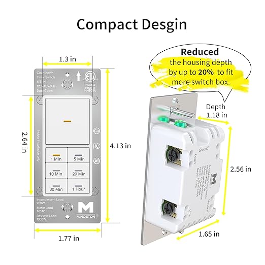 Minoston Countdown Timer Switch, 1-60 Min, Bathroom Fan Timer Switch, Adjustable LED Brightness, 120VAC Neutral Wire Req, ETL and FCC Listed, White (MT11N)