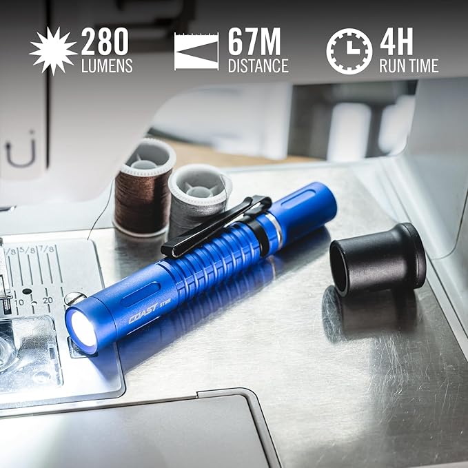 COAST XT10R 280 Lumen USB-C Rechargeable Pocket Flashlight/Penlight with TWIST FOCUS and Two-Way Clip, 3 Bite Caps included, Pocket Size for EDC, Work and Emergencies, BLUE