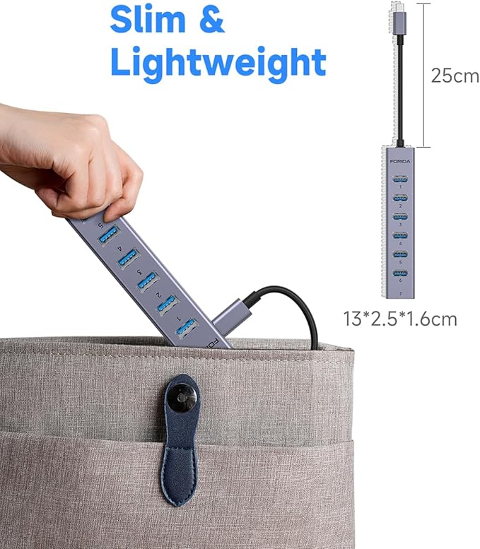 FORIDA USB C Hub, 8 Ports USBC HUB with 7 USB 3.0 Data Ports, Aluminum Alloy Shell USBC Splitter with USB C 5V/3A Power Port Compatible with MacBook, iPad, Surface Pro, XPS, PC and More