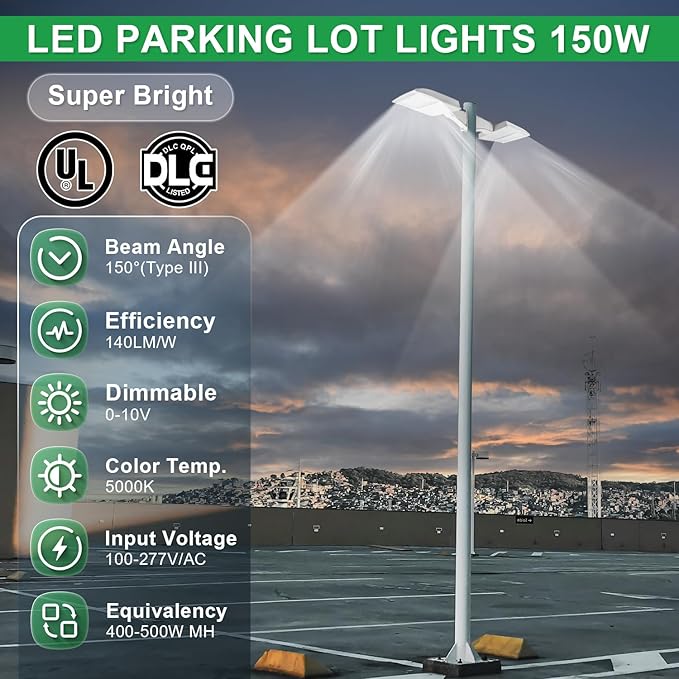 150W LED Parking Lot Light, 5000K 21000LM(140lm/w) LED Shoebox Area Light - Direct Arm Mount, Dimmable Commercial Street Lighting, Surge Protection Built-in, AC100-277V UL DLC Listed