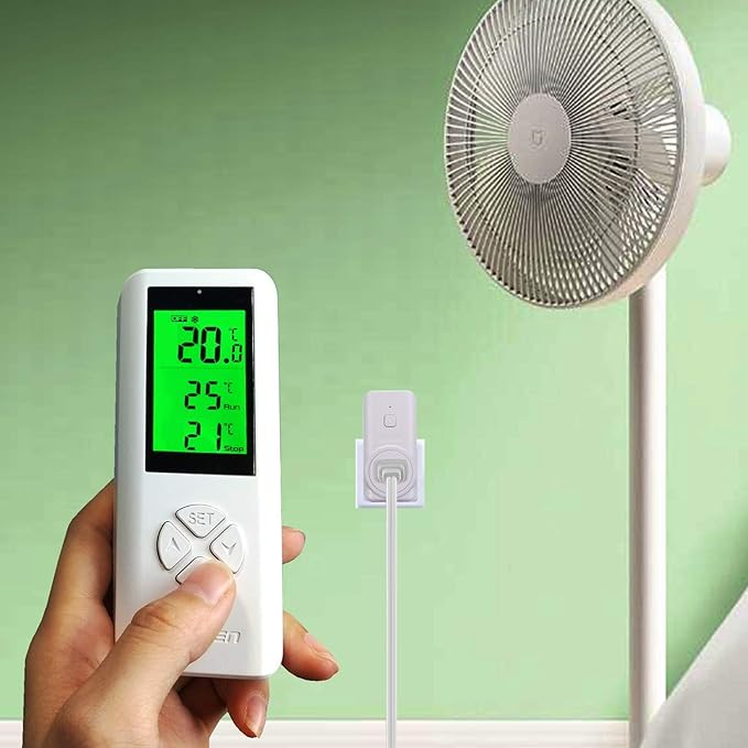 Wireless Temperature Controlled Outlet, Digital Plug in Thermostat Outlet with Remote Control Built in Temp Sensor Heating & Cooling for A/C, Fans, Heaters (Remote Control Detect Temperature)