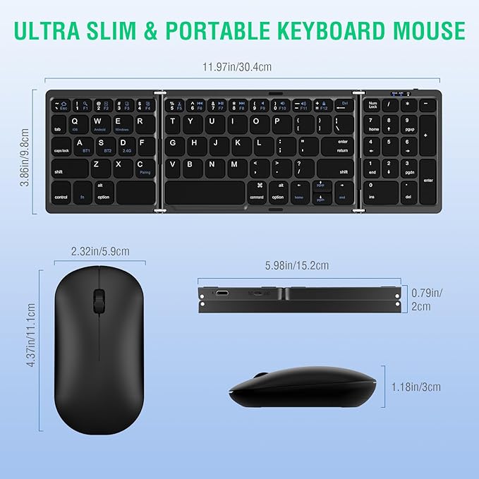 Foldable Keyboard and Mouse, EDJO Folding Wireless Keyboard Mouse Combo with Portable Case, Rechargeable 2.4G+Bluetooth Multi-Device Combo for Windows, iOS, Android, MacOS PC/Laptop/Tablet