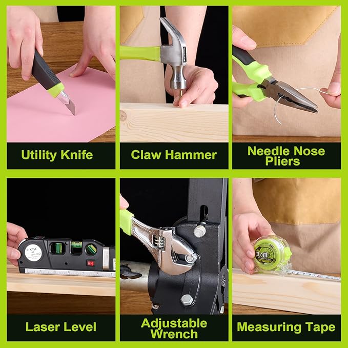 Cordless Drill Tool Set: 12V Power Drill Tool Kit with Battery & Charger, 142Pcs Home Hand Repair Tools Box, Portable Household Basic Drills Case for Men & Women, Green