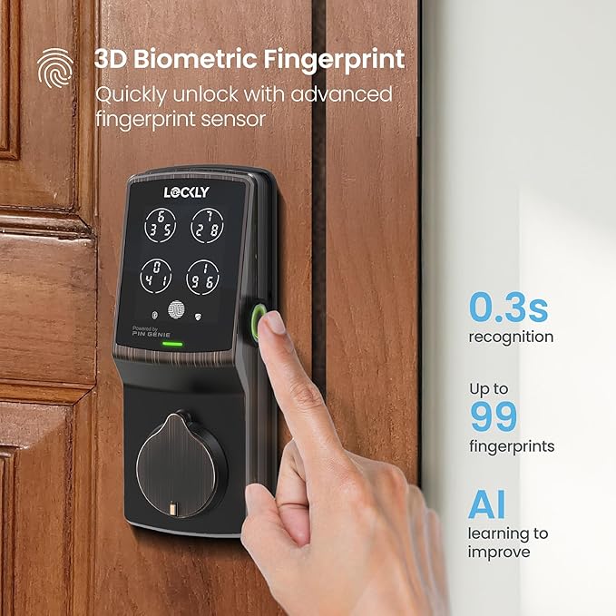 Lockly Secure Pro Smart Deadbolt, Wi-Fi Smart Lock, Keyless Entry with PIN Genie® Keypad, 3D Biometric Fingerprint, Auto Lock, Rekeyable-Venetion Bronze