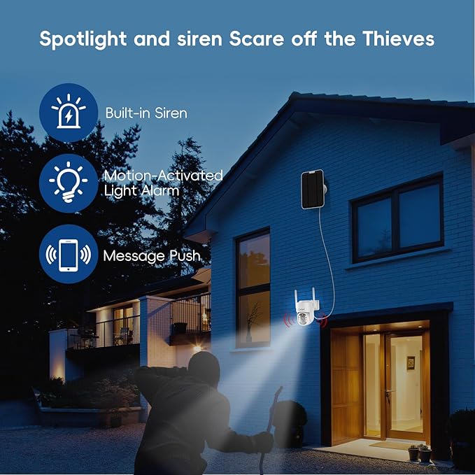 2.5K Wireless Solar Security Camera System, 4 Pack 360° View PTZ WiFi Cameras, Full Color Night Vision,Easy Setup, 2-Way Audio,10CH WiFi NVR with 128GB Storage, PIR Alarm, Compatible with Alexa