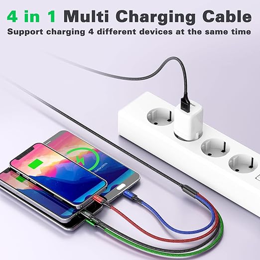 Multi Charging Cable 4A,5Ft/ 2Pack 4 in 1 Charger Cable,Braided Multiple USB Cable Universal USB C Charging Cord with Lightning/Type C/Micro USB Port for iPhone 17/16/15/14/13/Samsung Series/PS & More
