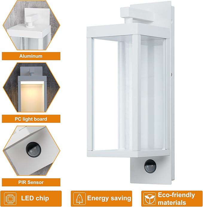 Lustrlach 2 Pack White Outdoor Wall Lights with Motion Sensor,15in LED Exterior Modern Porch Light Fixture IP54 Waterproof Wall Mount Lamp Wired for Outside Garden Front Door Patio