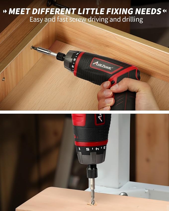 AVID POWER Electric Screwdriver Set Rechargeable 4V Cordless Screwdriver Kit with 11pcs Accessories, 5.65Nm Screw Gun, 5+1 Torque Setting, 2 Position Handle with LED Light-Dark Red