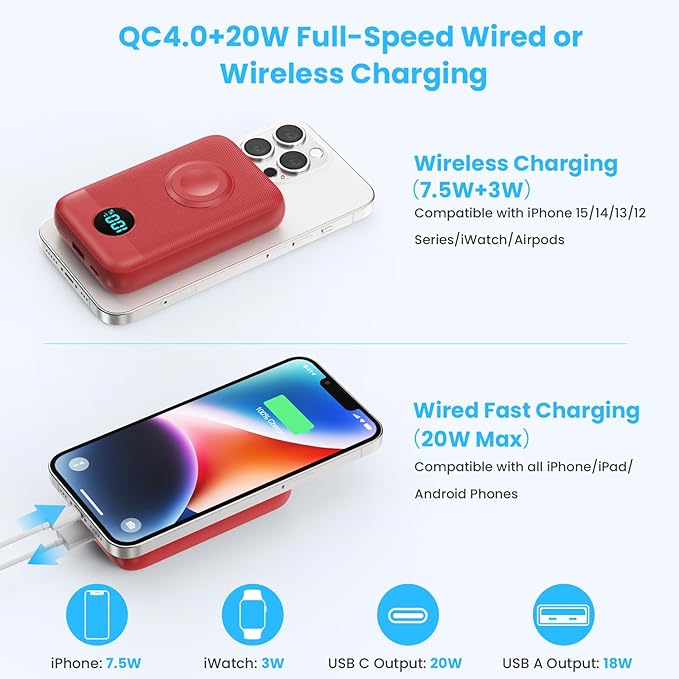 Magnetic Portable Charger 10800mAh,4-in-1 Wireless Power Bank with iWatch Charger, QC4.0+20W PD Fast Charging USB C Battery Pack with LCD Display for Magsafe,iPhone 16/15/14/13/12,Apple Watch, Red