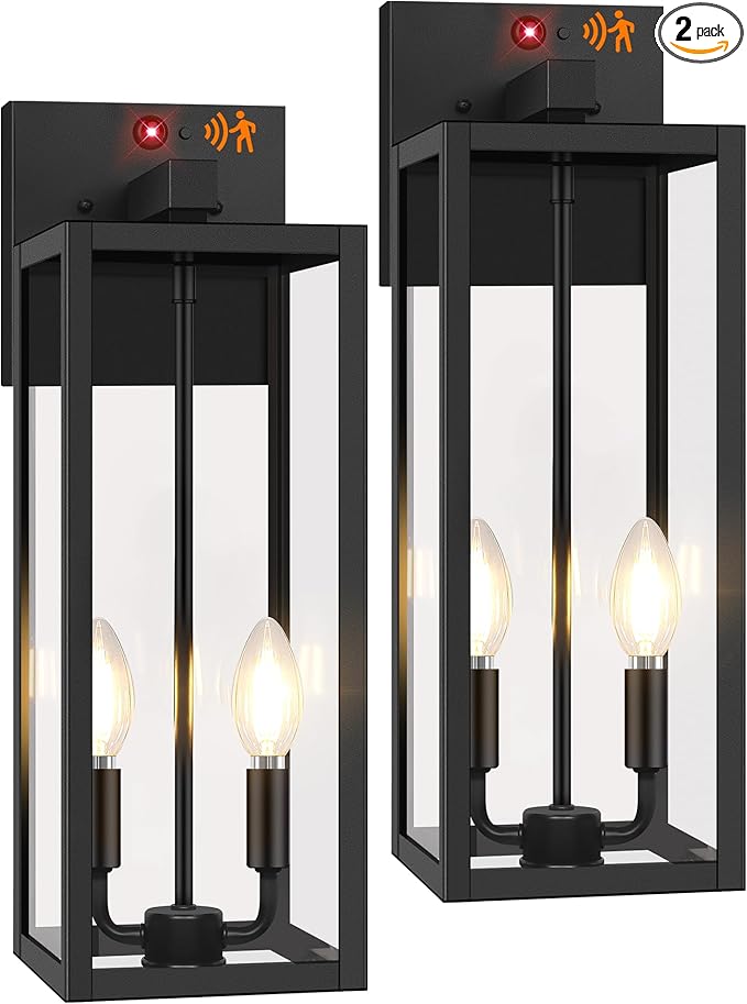 2-Pack Upgraded Motion Sensor Outdoor Wall Lights, 18” Large Dusk to Dawn Porch Lights Outdoor Wall Sconce Lantern, 3 Lighting Modes Exterior Lighting Fixtures, Black Outside Lights for House Garage