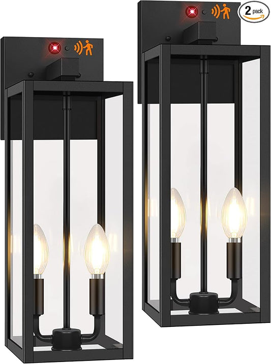 2-Pack Upgraded Motion Sensor Outdoor Wall Lights, 18” Large Dusk to Dawn Porch Lights Outdoor Wall Sconce Lantern, 3 Lighting Modes Exterior Lighting Fixtures, Black Outside Lights for House Garage