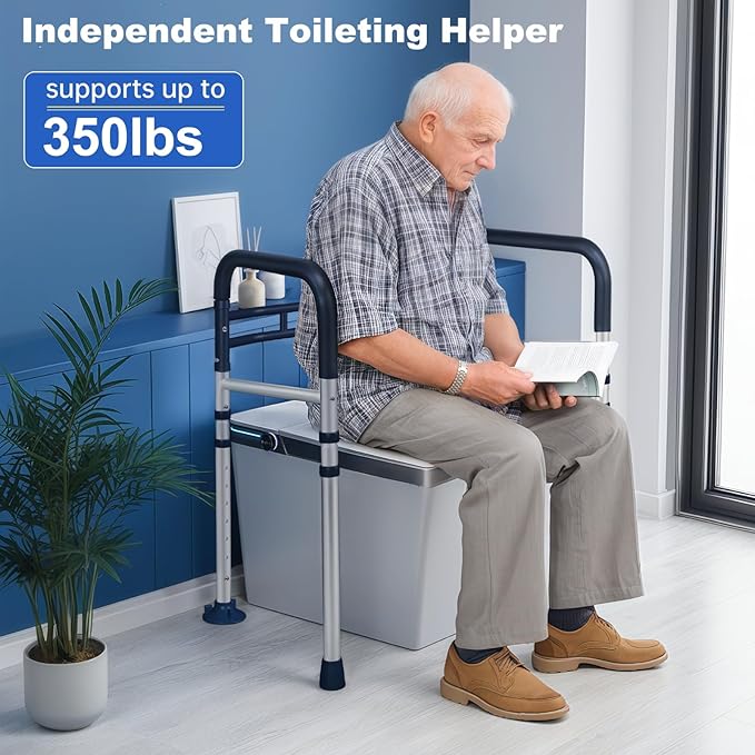 Toilet Safety Rails, Adjustable Toilet Handles for Elderly and Disabled, Toilet Support Rails for Seniors, Foldable Handicap Toilet Rails with Travel Bag, Instant Installation (Lake Blue)