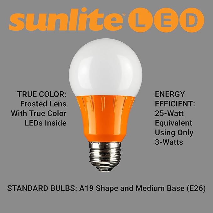 Sunlite A19/3W/O/LED LED A19 Colored Light Bulb, 3 Watts (25w Equivalent), E26 Medium Base, Non-Dimmable, UL Listed, 1 Count (Pack of 1), Orange