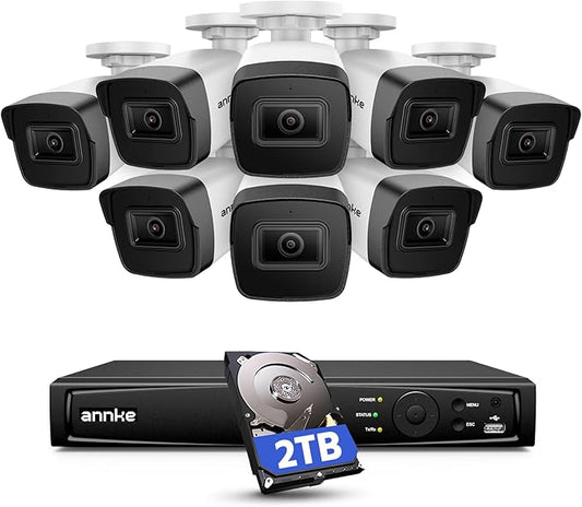 ANNKE 5MP Security Camera System, 16CH NVR Recorder with AI Motion Detection, 8X 3K IP PoE Wired Cams with Built-in Mic, IP67, 2.8mm Lens, Compatible with Alexa for Home Business Surveillance, 2TB HDD