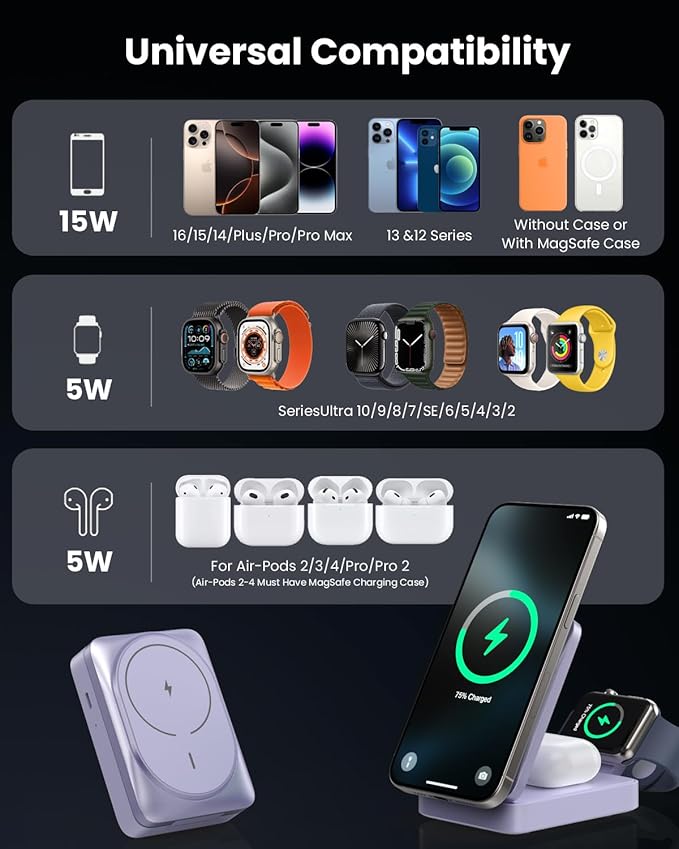 3-in-1 Wireless Charger Charging Station for iPhone, Qi2 Certified 15W Fast Charging Foldable Magnetic Charger Stand with 30W USB C Adapter for MagSafe iPhone 16/15/14/13/12, Apple Watch, AirPods