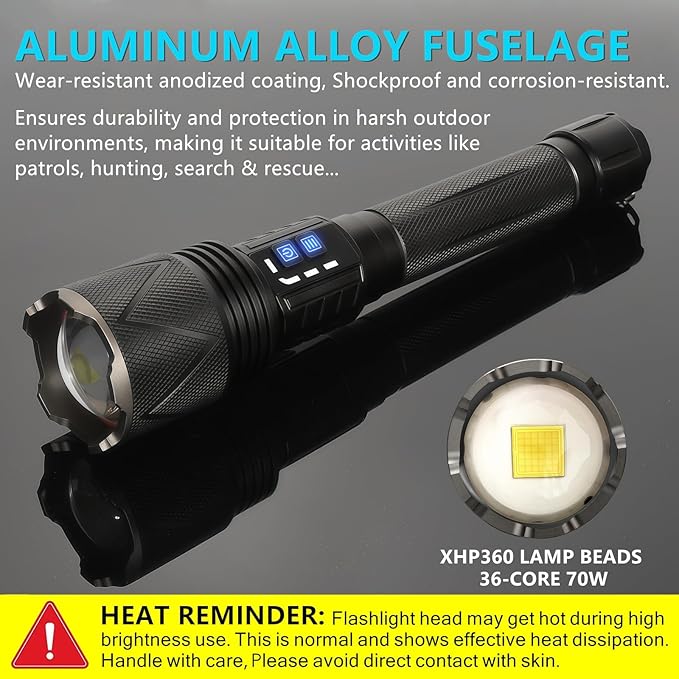 USB-C Rechargeable Flashlights 10,000 High Lumens, Super Bright XHP360 LED Flashlight with Zoomable, Powerful Handheld Tactical Flash Lights, Dual-Switches Waterproof for Emergency Camping