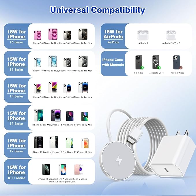 [Apple MFi Certified]Magnetic Wireless iPhone Charger Magsafe Charger,6FT 15W Fast Phone Charging Pad Wireless Magnetic Charge for iPhone 16 Pro Max/16 Pro/16 Plus/15 Pro Max/14/13/AirPods3/2/Pro/Pro2