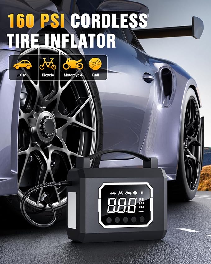 Tire Inflator Portable Air Compressor, 160PSI & 26800mAh 4X Fast Inflation, 65W Fast Charge, Car Battery Jump Starter,4 Modes Flashlight, Air Pump with Digital Pressure Gauge for Car, Bike, Motorcycle