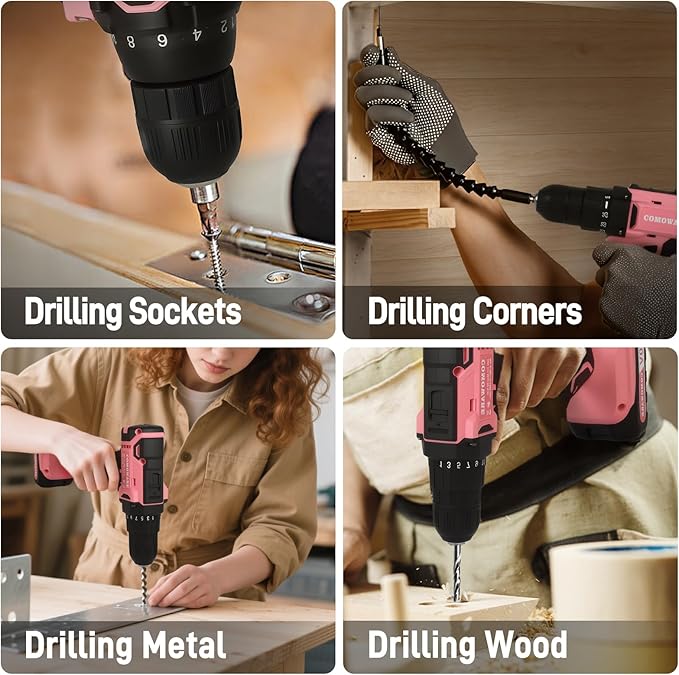 COMOWARE 171Pcs Pink Home Tool Kit with Drill, 20V Cordless Power Drill Combo Set, Complete Household Repair Tools for Men & Women in Garden, Office, DIY Projects