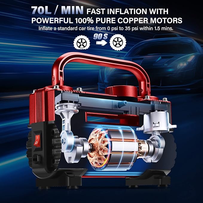 GSPSCN Red Tire Inflator Heavy Duty Double Cylinders, Portable Metal DC 12V Air Compressor - Car Accessories，150PSI Tire Pump with Adapter for Car, Truck, SUV Tires, Dinghy, Air Bed etc