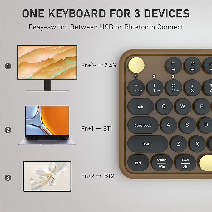 Colorful Wireless Bluetooth Keyboard, 2.4G & Dual Bluetooth Multi-Device, Retro Round Keycaps 104 Keys Full-Size for PC Laptop Tablet Phone (Black-Brown)