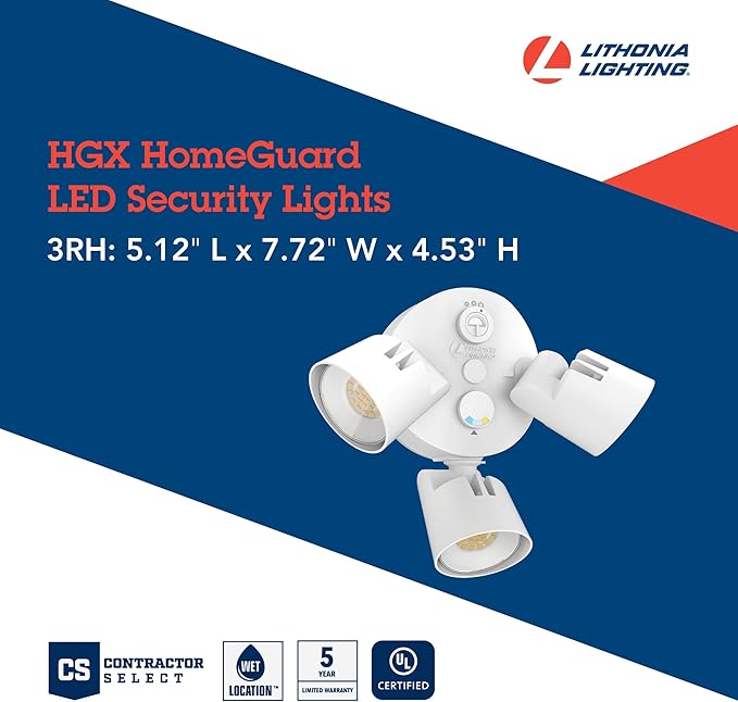 Lithonia Lighting HomeGuard 3-Light LED Outdoor Flood Lights, Outdoor LED Lights, Dusk to Dawn Sensor, Adjustable Lumens, Selectable Color, Round Heads, White (HGX LED 3RH ALO SWW2 120 PE WH M2)