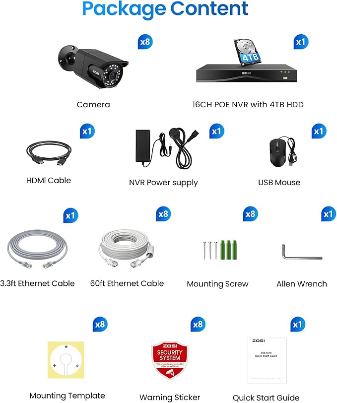 ZOSI 4K 16CH PoE Security Camera System, 8 x 8MP PoE IP Camera Outdoor Indoor with Human Detection, 100ft IR Night Vision, IP66 Weatherproof, 4K 16CH H.265+ NVR with 4TB HDD for 24/7 Audio Recording