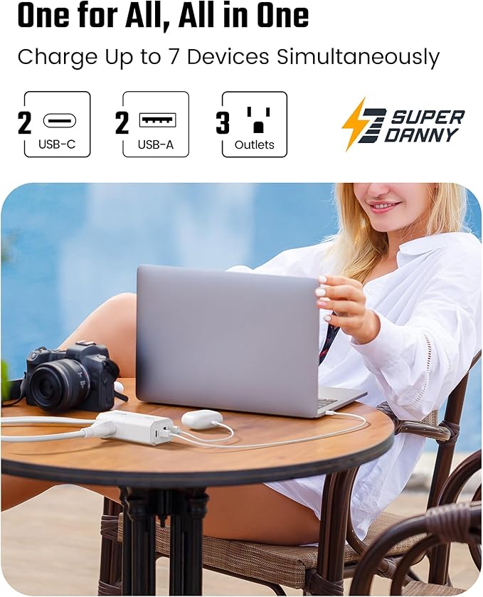 SUPERDANNY Detachable Travel Power Strip,45W USB Fast Charge,2 USB-C & 2 USB-A with 3 Outlet Flat Plug Extension Cord 10ft,Portable Charger for Travel Essentials for Travel Cruise Home, White