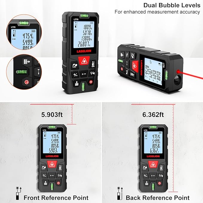 LT70 Laser Distance Meter – 70m (229ft) Range, High Accuracy, Multiple Measurement Modes, Built-in Level Bubble, Handle Laser Distance Measurement Tool，Mute Function (229ft)