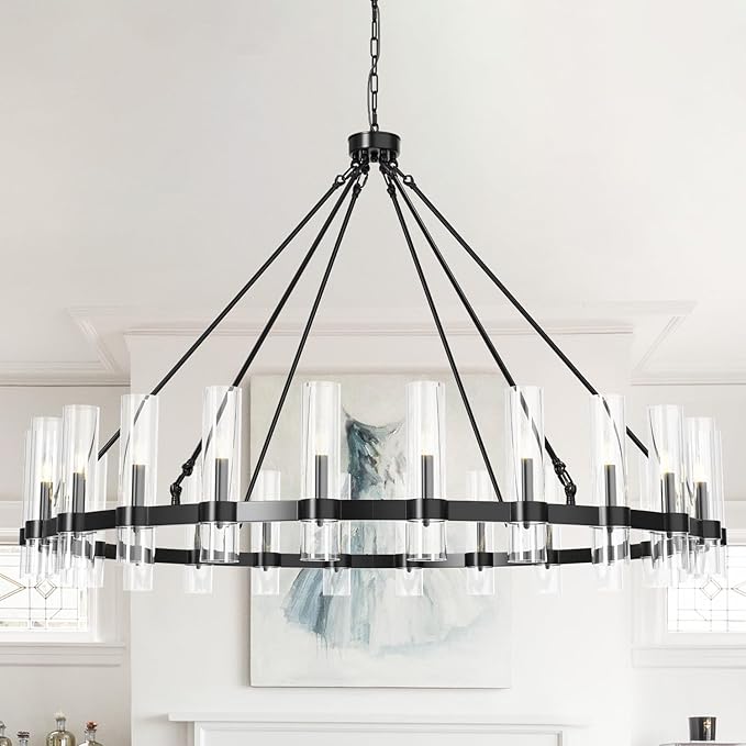 60 Inch Black Wagon Wheel Chandelier, 24 Lights with Glass Shades Light Fixtures, Large Modern Farmhouse Pendant Light for Dining Room, Living Room, Kitchen, Foyer, High Ceilings