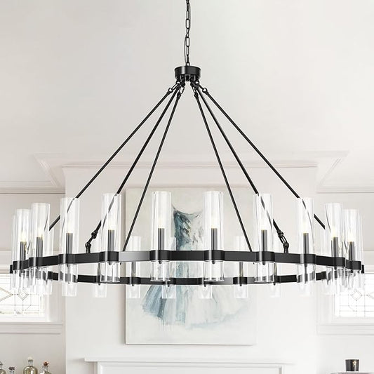 60 Inch Black Wagon Wheel Chandelier, 24 Lights with Glass Shades Light Fixtures, Large Modern Farmhouse Pendant Light for Dining Room, Living Room, Kitchen, Foyer, High Ceilings