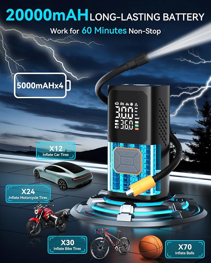 Cordless Tire Inflator Portable Air Compressor 150PSI Bike Pump with LED Light & Pressure Gauge Auto Shut-Off electric Air Pump for Car Tires Motorcycle Bicycle Ball with Digital Dual Values Display
