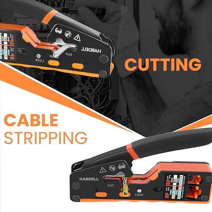 HARDELL RJ45 Crimp Tool, Pass Thru RJ11 Ethernet Crimper for Cat5 Cat6 Connectors, All-in-One 6P 8P Ethernet Crimping Tool Kit With Wiring Diagram, Replacement Blades, Cable Sheath, Tester & Battery