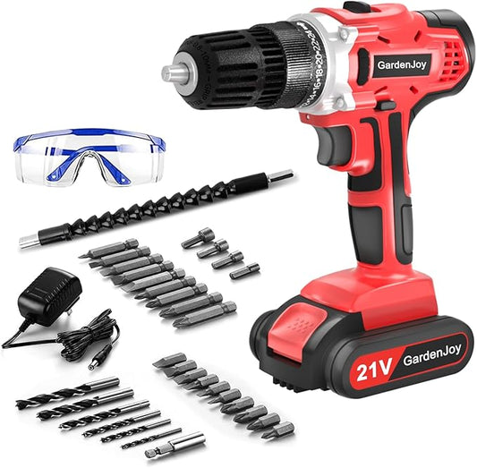 21V Power Drill Cordless Tool Kit Set, Electric Screwdriver Cordless Drill with Battery and Charger for Men Home, 3/8-Inch Keyless Chuck, Variable Speed, 24+1 Torque Setting with LED(Red)