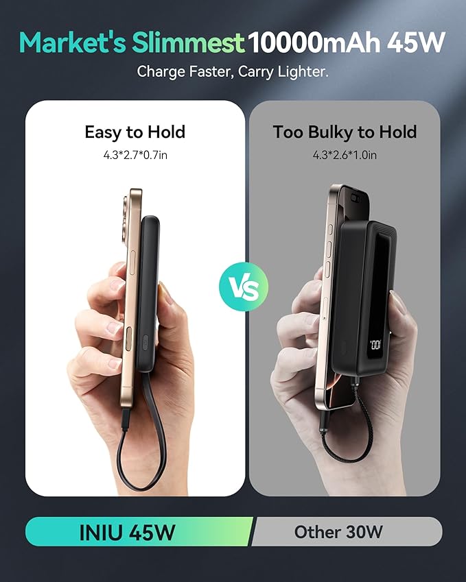 INIU 45W Portable Charger, 10000mAh Built-in USB C Cable Fast Charging Power Bank, Small Type C Battery Pack, Powerbank for iPhone 16 15 14 13, iPad, Samsung S25 S24 etc. Travel Camping Essentials