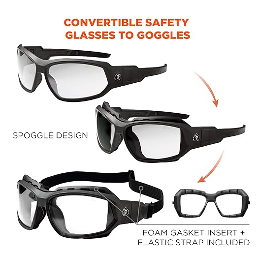 Ergodyne Skullerz Loki Convertible Anti Scratch Safety Spoggles Glasses-Includes Gasket and Strap to Convert to Goggle, Anti Fog