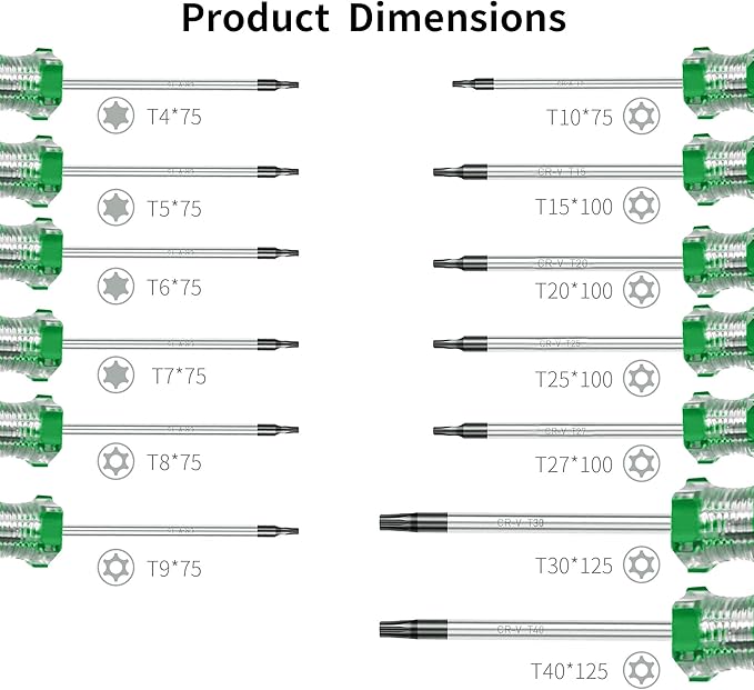13-Piece Magnetic Torx Screwdrivers Set, Security Tamper Proof, T4、T5、T6、T7、T8、T9、T10、T15、T20、T25、T27、T30、T40 (green)