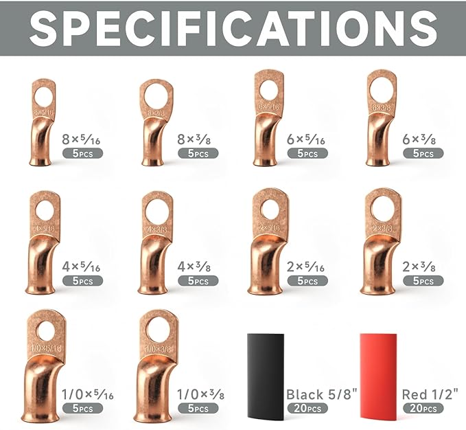 iCrimp Battery Cable Lug Crimping Tool Kit For Copper Lugs Awg 8-1/0,Battery Cable Crimper with Stripper 90pcs Copper Battery Lugs/Heat Shrink Tubes