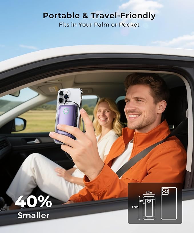 Portable Charger Power Bank - Battery Pack 35W AC Plug GaN 10000mAh Built in Cable USB C Phone Fast Charging Powerbank Compatible with iPhone 16 15 14 13 12 11 X iPad MacBook Samsung (Purple)